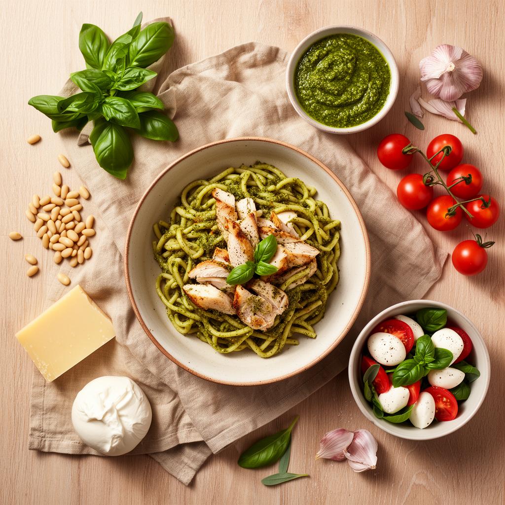 Pasta Pesto met kip & salade caprese